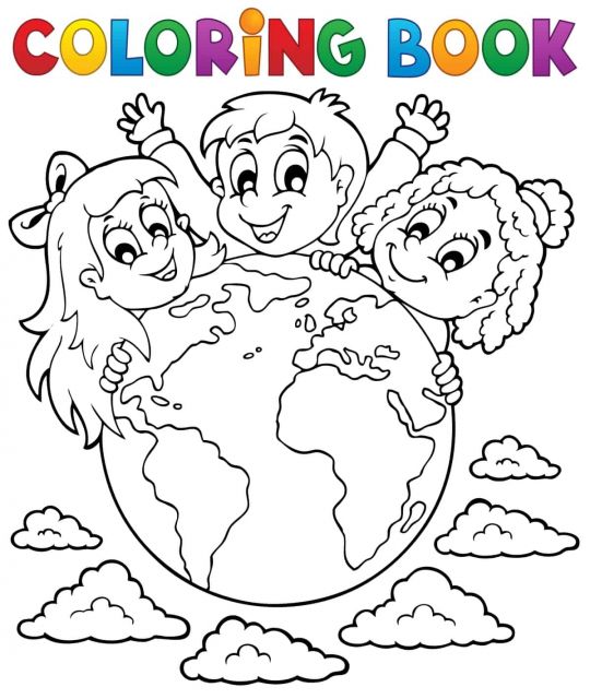 dzień Ziemi kolorowanki dzieci wokół konturu ZIemi