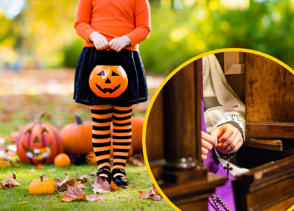 ksiądz straszy dzieci Halloween