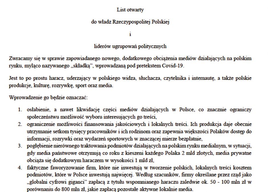 List otwarty do władz Rzeczypospolitej Polskiej i liderów ugrupowań politycznych
