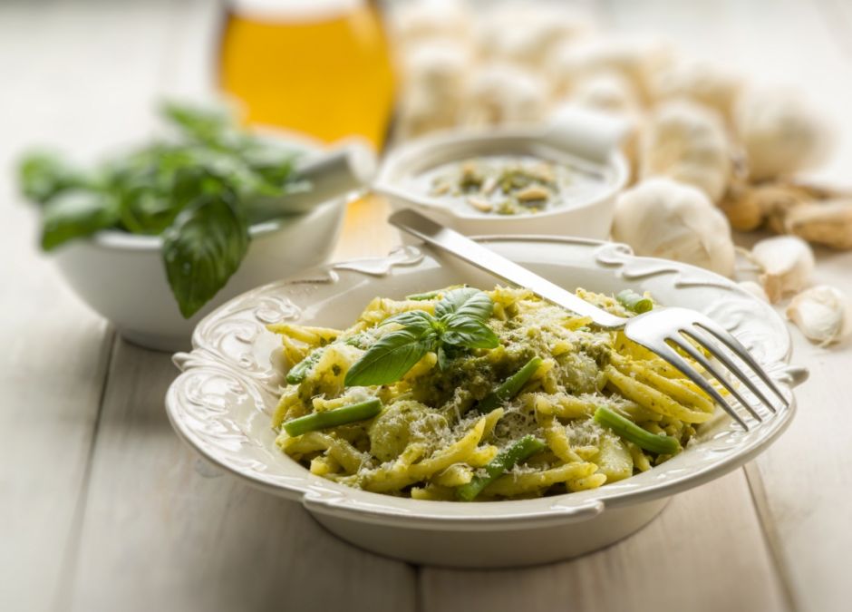 makaron, sos, spaghetti, pesto, bazylia