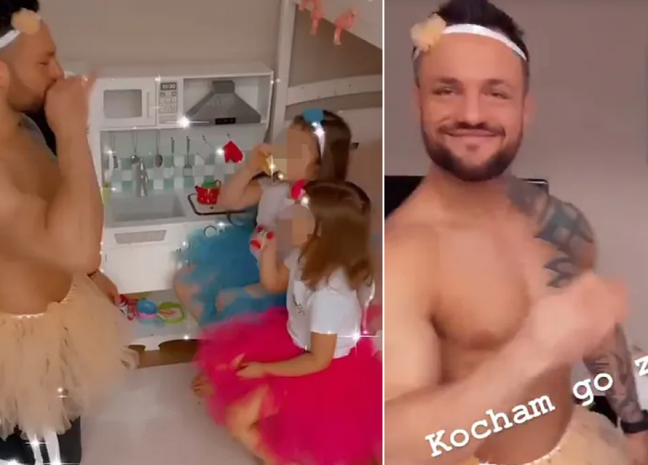 Paweł Trybała w tiulowej spódniczce z córkami