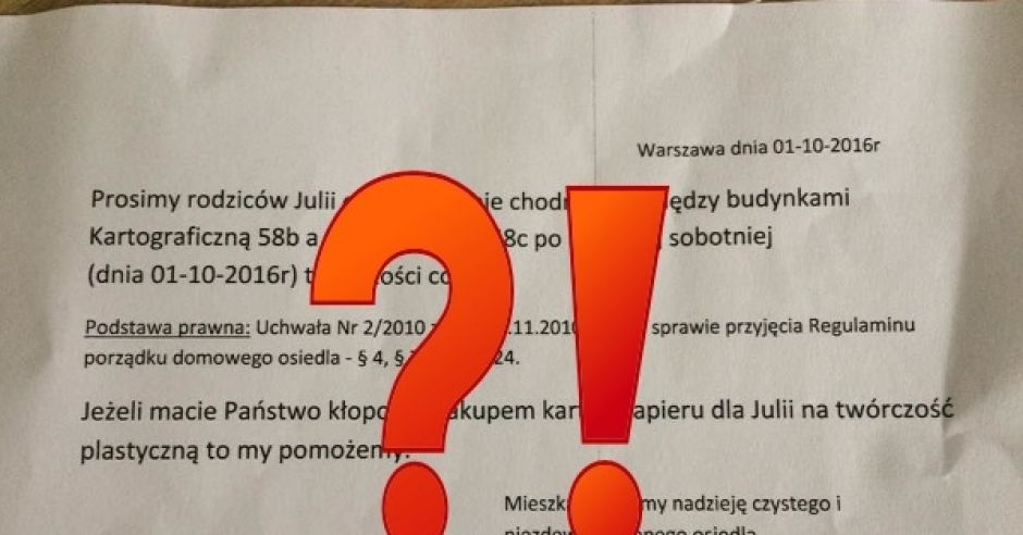 Prośba mieszkańców warszawskiego osiedla o usunięcie rysunków córki z chodnika
