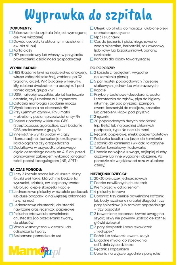 Wyprawka do szpitala dla mamy i dziecka - lista do wydrukowania