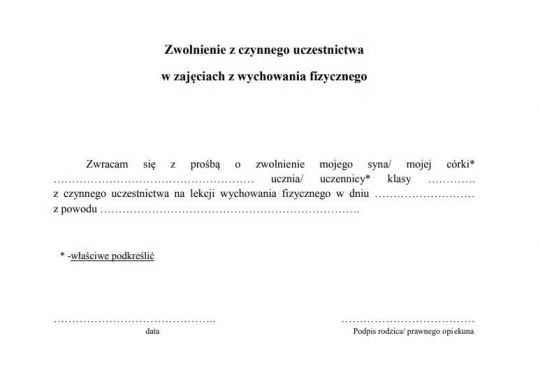 zwolnienie z w-f wzór